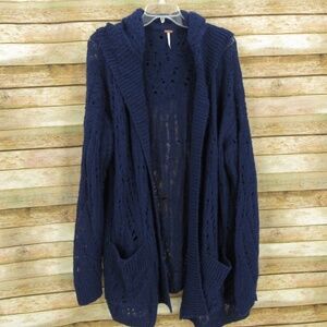 Free People Distressed Navy Blue Long Sleeve Hoodie Sweater S